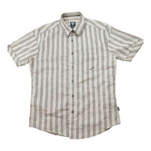 KUHL Shirt Mens Medium Brown Beige Stripes Button Front Outdoors Hiker GOLF